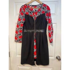 L Red Black Palestinian Short Dress Rose Floral Embroidered Long Sleeve‎ FLENKIY